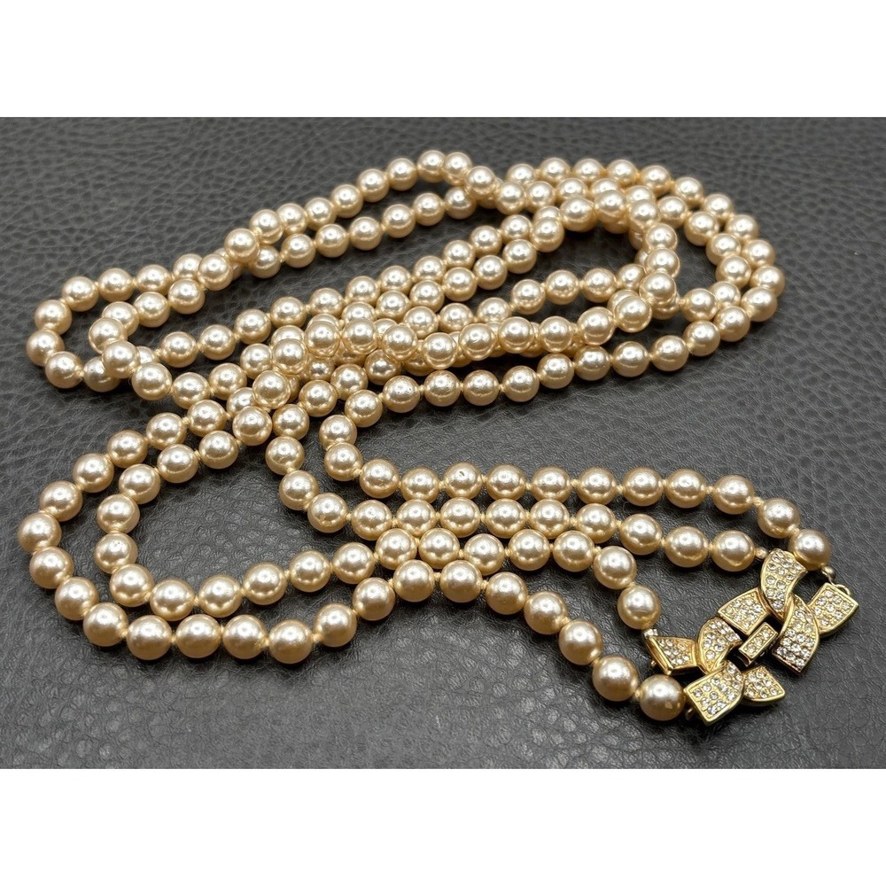 KJL Kenneth Jay Lane Faux Pearl Double Strand Opera 36" Long Necklace Rhinestone